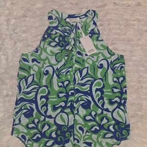 Rose & Olive Vibrant Green and Blue Leaf Print Blouse